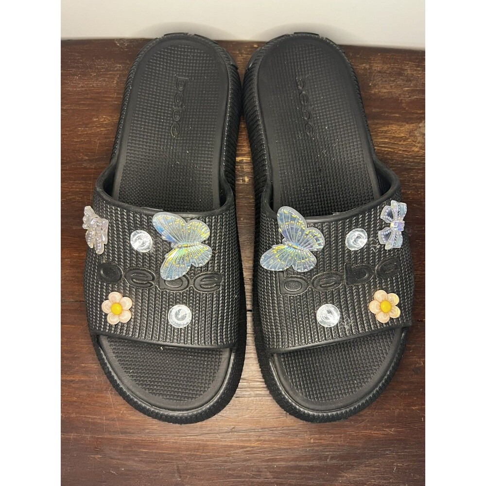 Bebe Black Slides w/ Butterfly Floral Rhinestone Embellishments